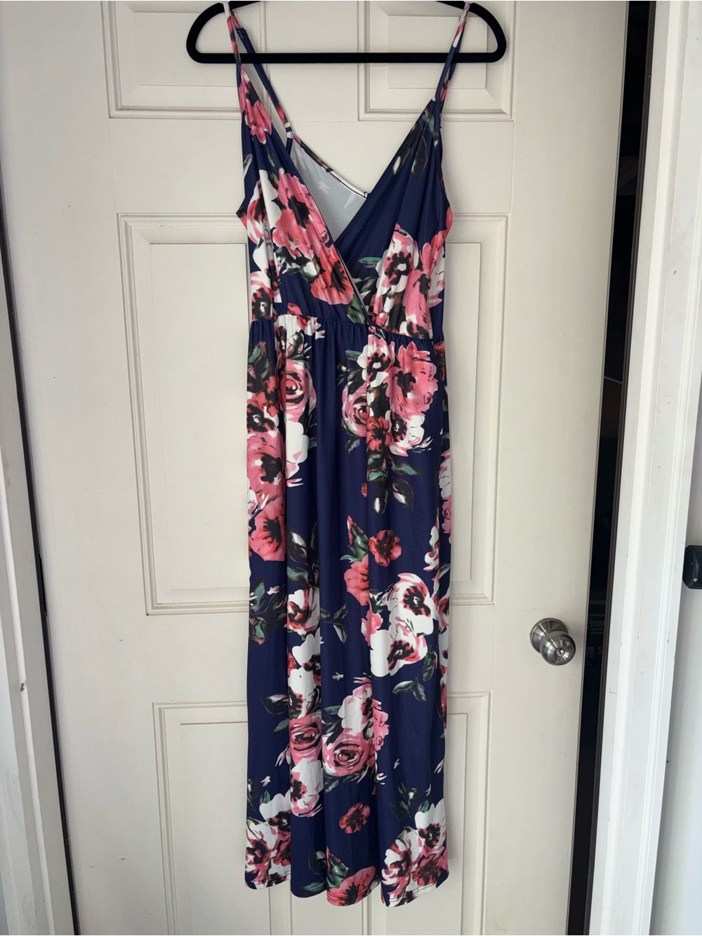 Navy Floral Wrap-Front Maxi Dress with Pink Roses